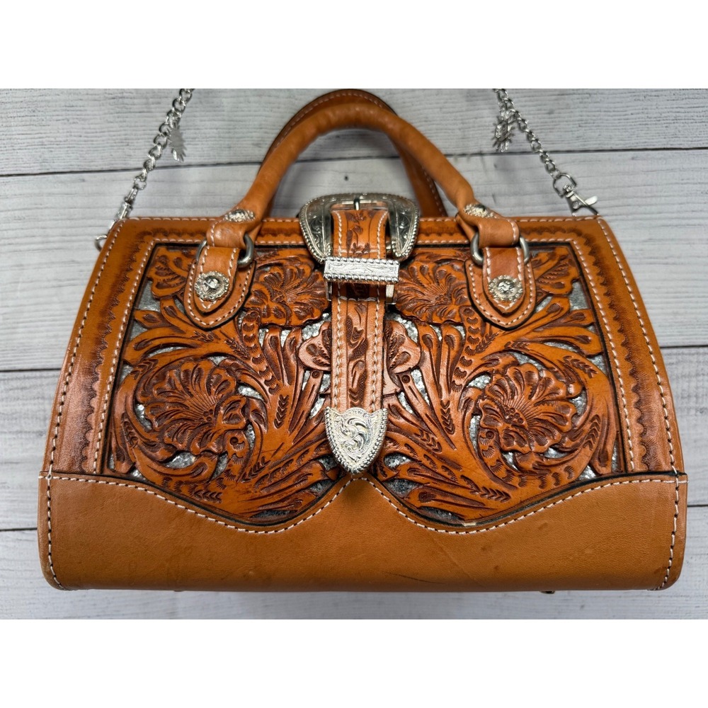 Montana Silversmiths Tooled Leather Satchel Western‎ Buckle Bag Brown Handbag - Picture 10 of 11
